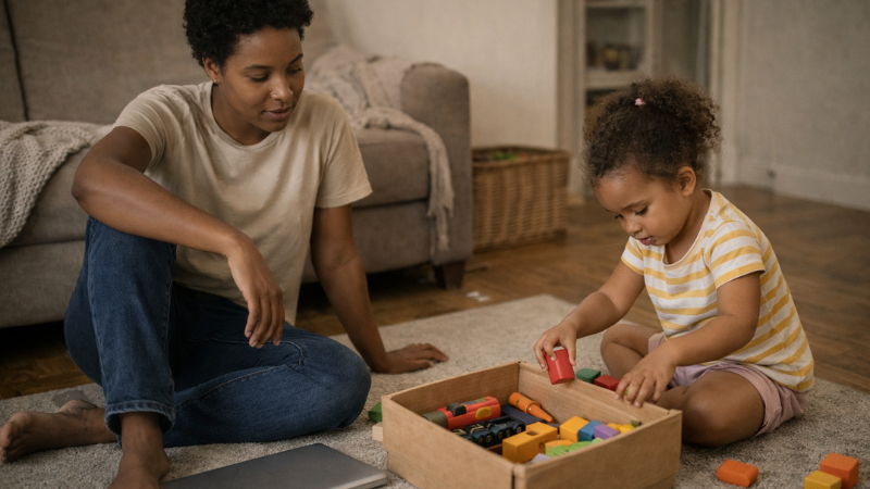 Mãe e filha brincando na sala
