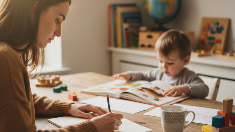 Mãe trabalhando com filho ao lado